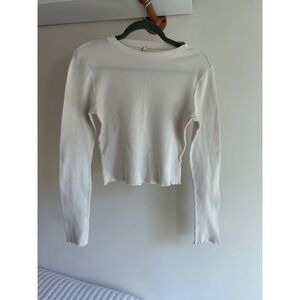 Z Supply Womens Cream Waffle Knit Thermal Long Sleeve Lettuce Edge Top Size M‎